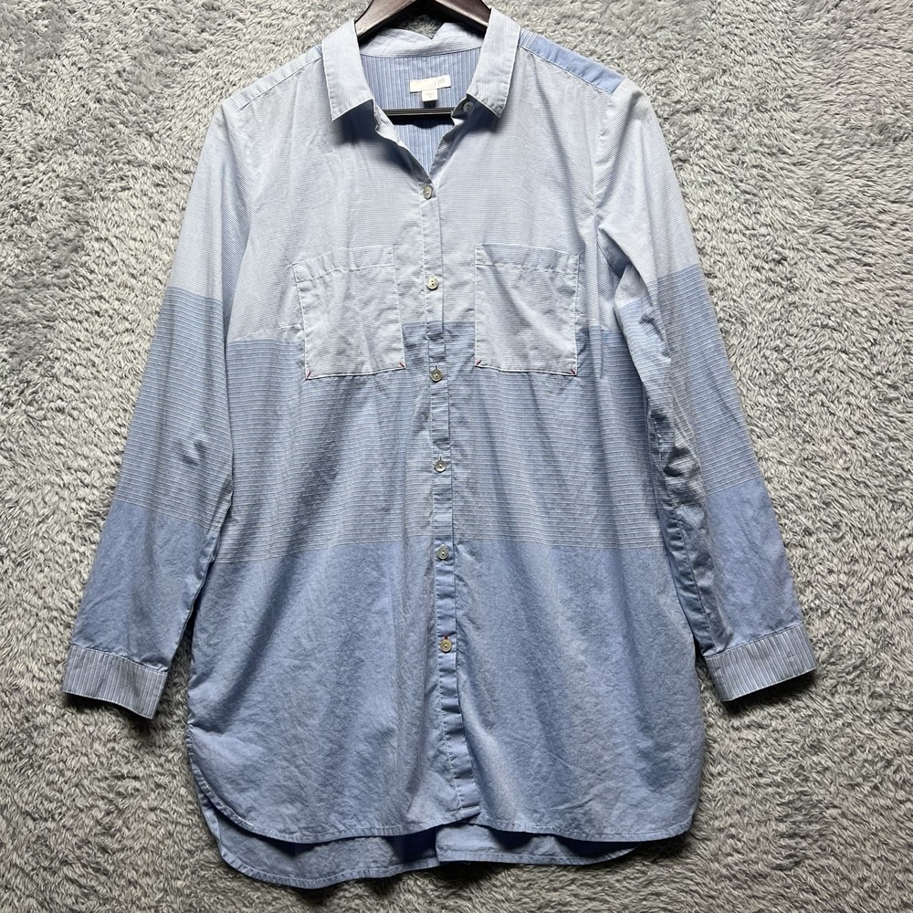 J Jill Tunic Top Womens Medium Blue White Mixed Stripe Button Down Shirt Coastal
